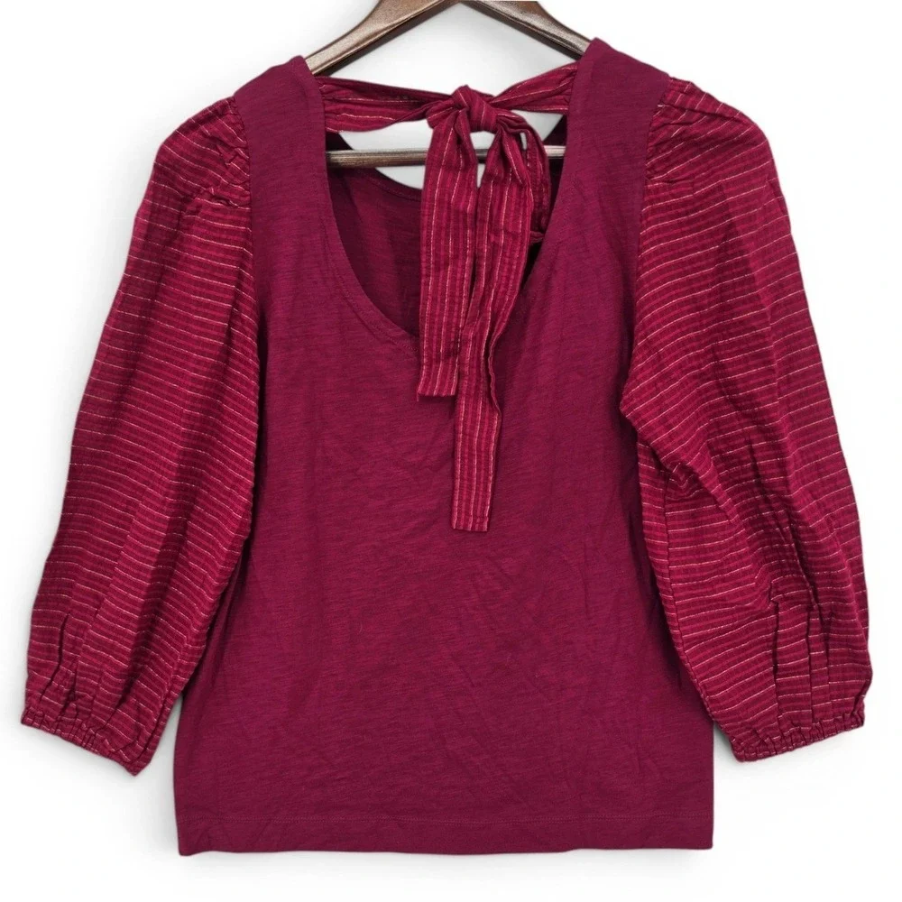 LOFT‎ Small Burgundy Tie Back Puff Sleeve Top Cottagecore Romantic Boho NWT